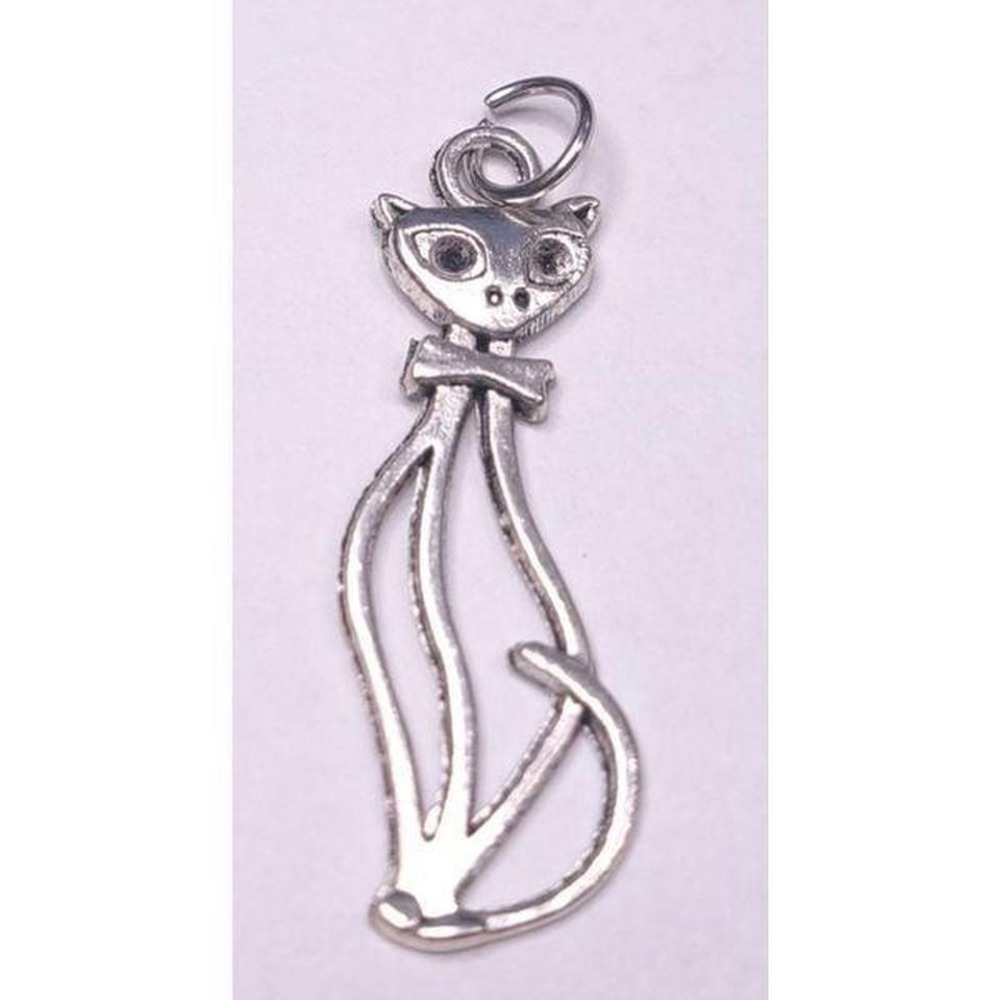 New Hollow Sophisticat Tall Cat Pendant‎ Charm Silvertone Feline Kitty Kitten